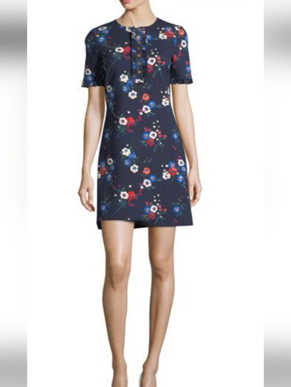 Tory Burch Miranda Short-Sleeve Pansy Bouquet Ponte Shirt dress S